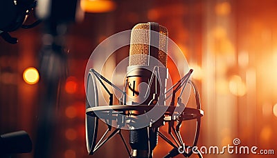 High quality studio microphone with blurred background and audio mixer musical instrument concept Stock Photo