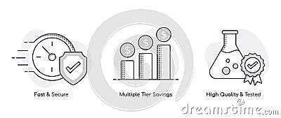 High Quality and Tested, Multiple Tier Savings, and Fast & Secure Icons. Editable Stroke Stock Photo