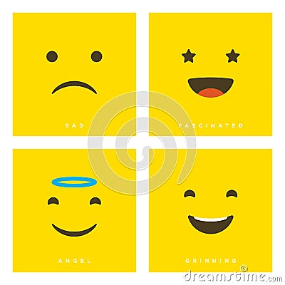 High quality vector cartoon set with sad, fascinated, angel, grinning emoticons with Flat Design Style, social media reactions - Vector Illustration