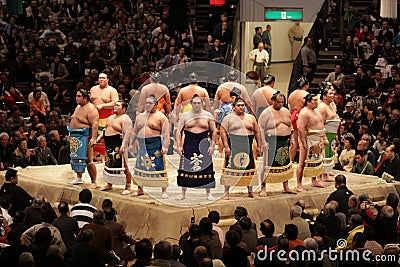 High ranking sumo wrestlers lined up for welcome Editorial Stock Photo