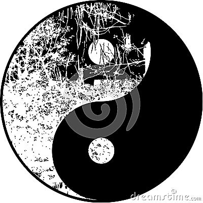 High res vector, Yin yang moonlight tree in black and white illustration in silhouette Cartoon Illustration