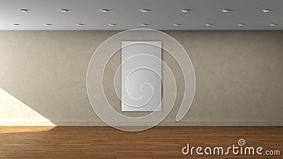 High resolution beige wall empty interior template with single white color vertical frame on front wall. Stock Photo