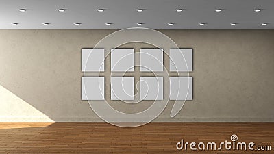 High resolution beige wall empty interior template with 8 white color square frame on front wall. Stock Photo