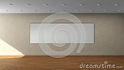 High resolution beige wall empty interior template with white color wide frame on front wall. Stock Photo