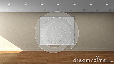 High resolution beige wall empty interior template with white square color frame on front wall. Stock Photo