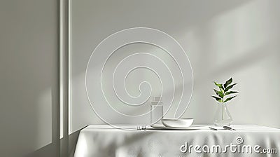 High-resolution capture of a sparse dining setup, single place setting, white tablecloth Cartoon Illustration