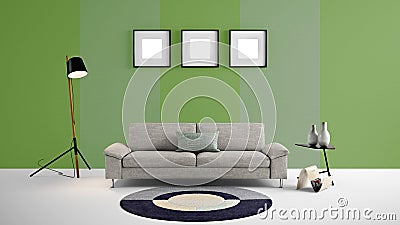 High resolution 3d illustration with green and fade green color wall background and furniture. Cartoon Illustration