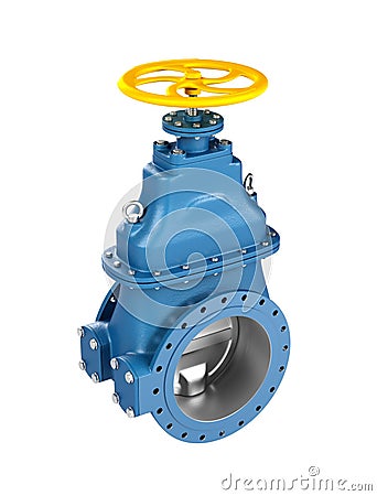 High resolution 3D Industrial blue pipeline valve with on white background Stock Photo