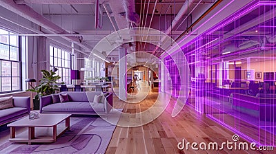 Futuristic Office Render: 3D Visualization with Architectural Diagram Overlay Stock Photo