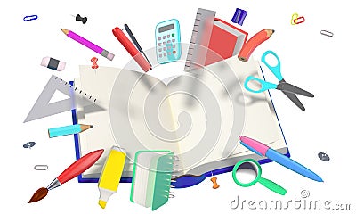 Colorful 3D composition with different school related objects Stock Photo