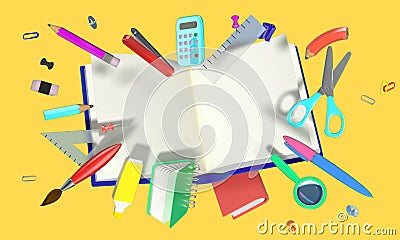 Colorful 3D composition with different school related objects Stock Photo