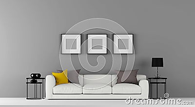 High resolution grey empty wall with some furniture and photo frames 3d illustration Cartoon Illustration