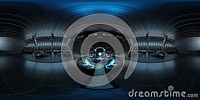 High resolution HDRI view of a dark blue futuristic landing strip spaceship interior. 360 panorama reflection mapping of a huge Stock Photo