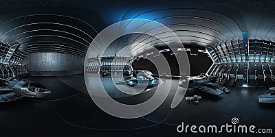 High resolution HDRI view of a dark blue futuristic landing strip spaceship interior. 360 panorama reflection mapping of a huge Stock Photo