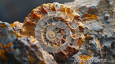 Ultra-Detailed Image of a Fossilized Ammonite Shell with Spiral Patterns on Rocky Surface Stock Photo