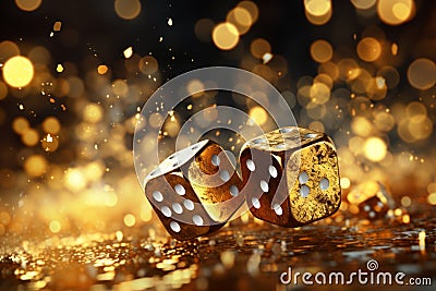 High resolution image of shiny golden craps dices in captivating motion for casino gaming concept Stock Photo