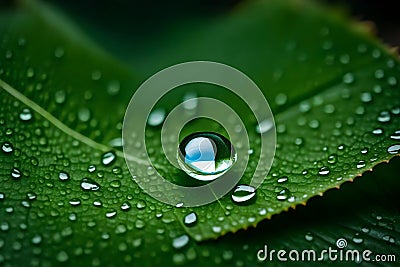 A high-resolution image of a single, glistening water droplet on a textured leaf, the lighting highlighting the refractive Stock Photo