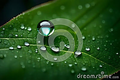 A high-resolution image of a single, glistening water droplet on a textured leaf, the lighting highlighting the refractive Stock Photo
