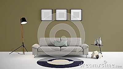 High resolution living area 3d illustration with brown grey color wall and designer furniture. Cartoon Illustration