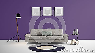 High resolution living area 3d illustration with dark purple color wall and designer furniture. Cartoon Illustration