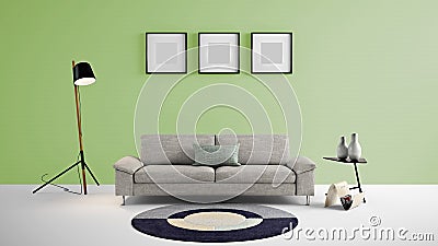 High resolution living area 3d illustration with light green color wall and designer furniture. Cartoon Illustration