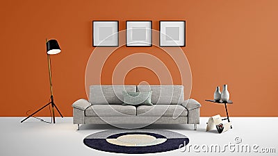 High resolution living area 3d illustration with orange color wall and designer furniture. Cartoon Illustration