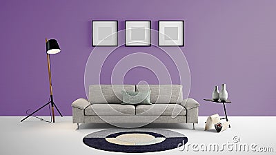 High resolution living area 3d illustration with purple color wall and designer furniture. Cartoon Illustration