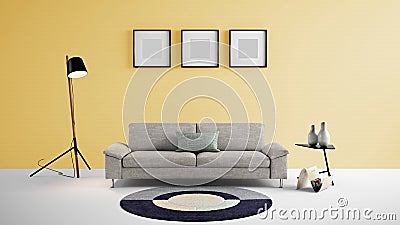 High resolution living area 3d illustration with yellow color wall and designer furniture. Cartoon Illustration