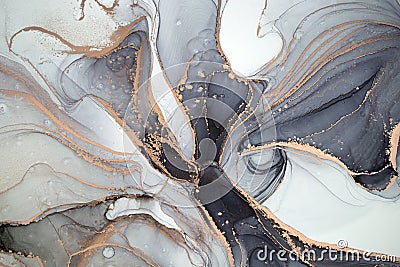 High resolution. Luxury abstract fluid art painting in alcohol ink technique, mixture of gray, black gold paints. Stock Photo