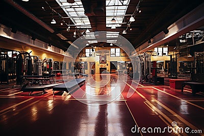 Spacious Gymnasium with State-of-the-Art Equipment and Vibrant Atmosphere Stock Photo