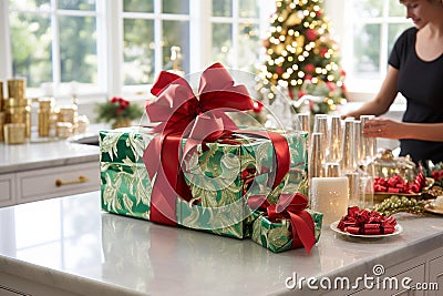 Festive Gift Wrapping Delight: Hands Expertly Tying Ribbon on Perfectly Wrapped Box Stock Photo