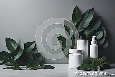 A high-resolution photograph showcasing a template podium mockup, framed by vibrant green leaves for organic cosmetic product Stock Photo