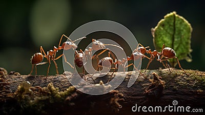 A high-resolution photograph of three ants working together to build a bridge. Generative AI Stock Photo