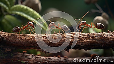 A high-resolution photograph of three ants working together to build a bridge. Generative AI Stock Photo