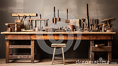 Craftsmanship Tools: Vintage Aesthetics on a Worn Workbench Stock Photo