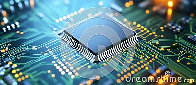 A high-resolution shot of a green microchip circuit on a dark background, with ample space for text or branding Stock Photo