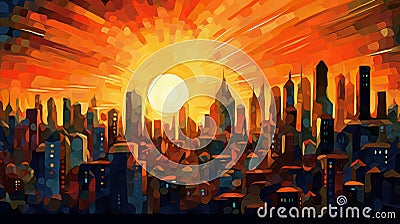 High Resolution Sunset City In The Style Of E. Munch V5.1 Stock Photo