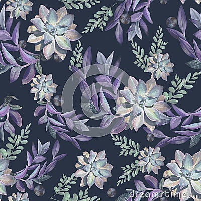 Vintage floral seamless pattern with watercolor succulents Stock Photo