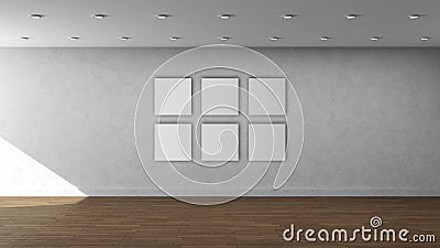 High resolution white wall empty interior template with 6 white color square frames on front wall. Stock Photo