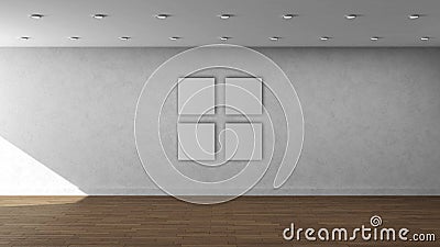 High resolution white wall empty interior template with 4 white color square frames on front wall. Stock Photo