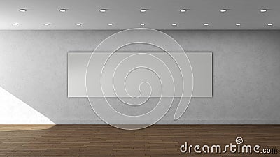 High resolution white wall empty interior template with white color wide rectangular frame on front wall. Stock Photo