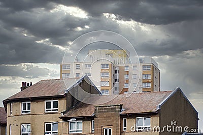 High rise council flats in deprived poor housing estate in Port Glasgow, Inverclyde Stock Photo