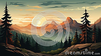 High rock mountain view wallpaper, with pine trees , with sunlight, green and yellow blur background , Generate AI Stock Photo