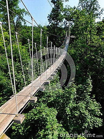 A high rope bridge over the forest floor at Refreshing Mountain Camp Stock Photo