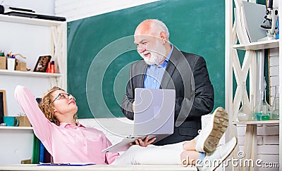 High school college university. Communicate clearly and effectively. Discussing topic with student or colleague. Man Stock Photo