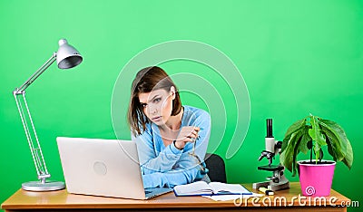 High school education. Start career teacher. Online remote classes. Busy with information. Girl pretty attractive Stock Photo