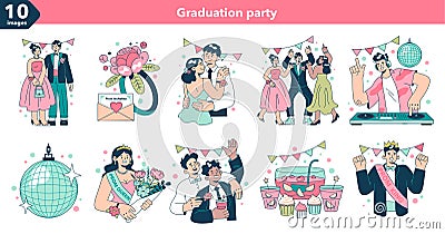 High school graduation or prom set. Celebration ball or dance at end Vector Illustration