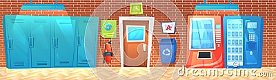 High School hallway interior banner with row of lockers and trash and fire extinguisher. Vector Illustration