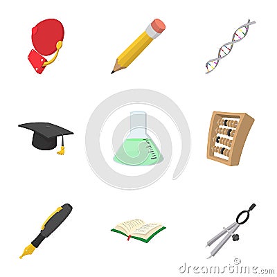 High school icons set, cartoon style Vector Illustration