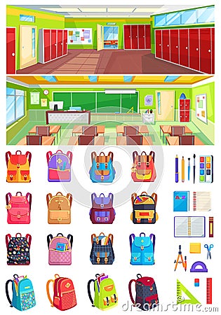 School Interior, Set of Backpacks Vector Image Vector Illustration